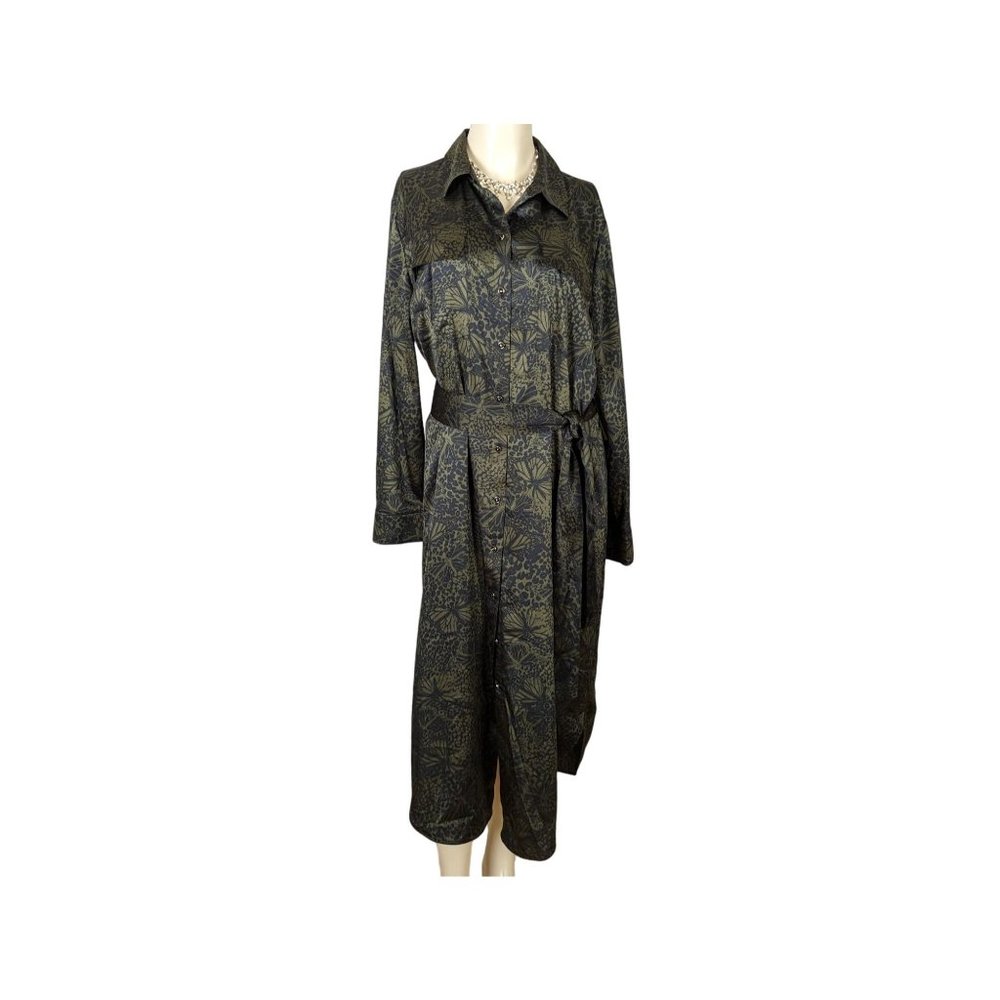 Chico's long sleeve olive green and black button front shirt dress Sz 12 / 14